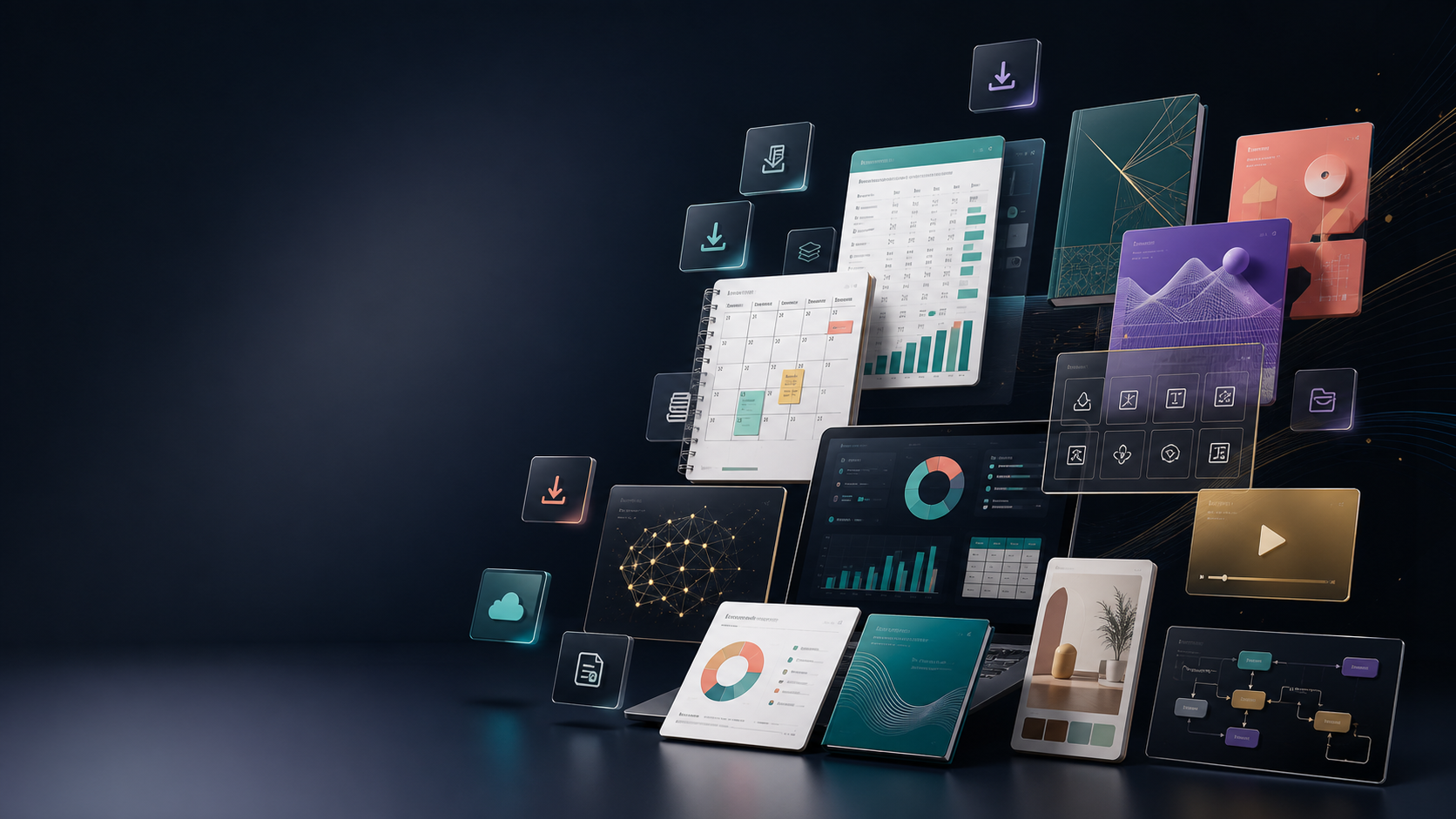 Floating digital product marketplace previews